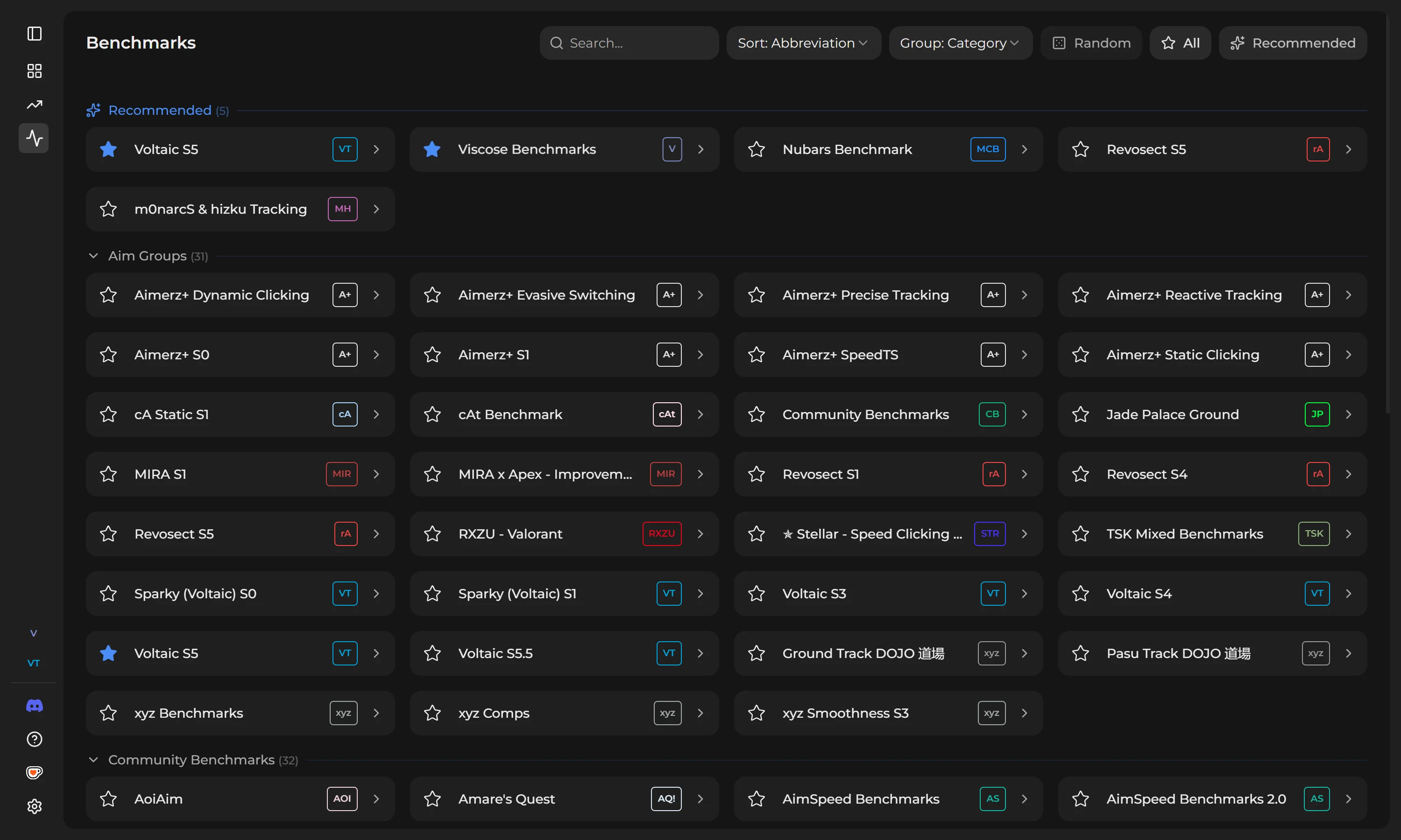 Benchmark browser with highlighted recommended scenarios